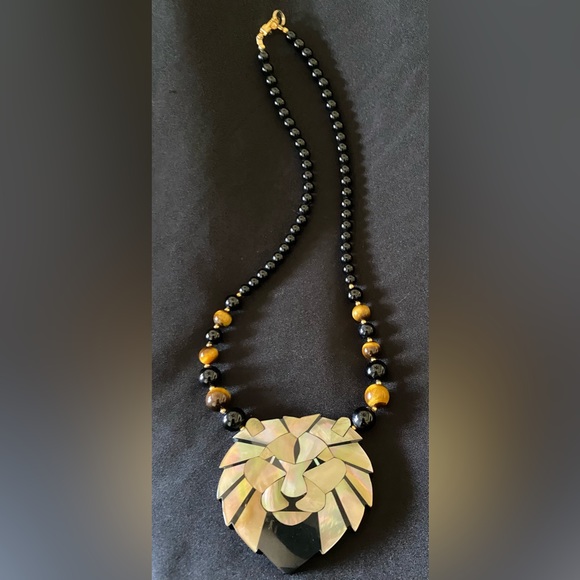 Gorgeous Lee Sands Abalone Black Onyx Tiger Eye Lion Necklace Statement Piece - Picture 2 of 10